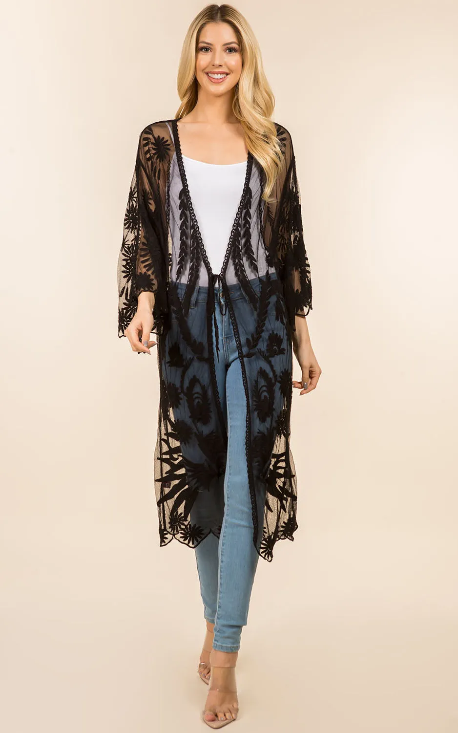 KP4140 Sheer Lace Long Kimono Cardigan