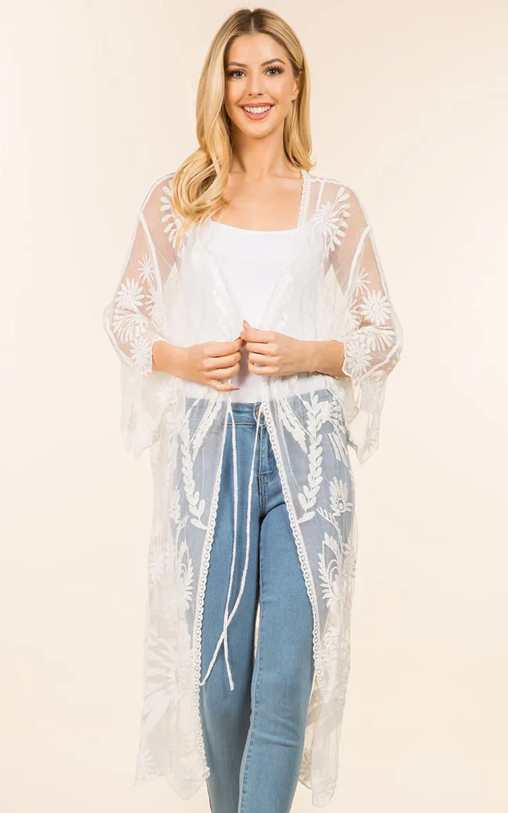 KP4140 Sheer Lace Long Kimono Cardigan