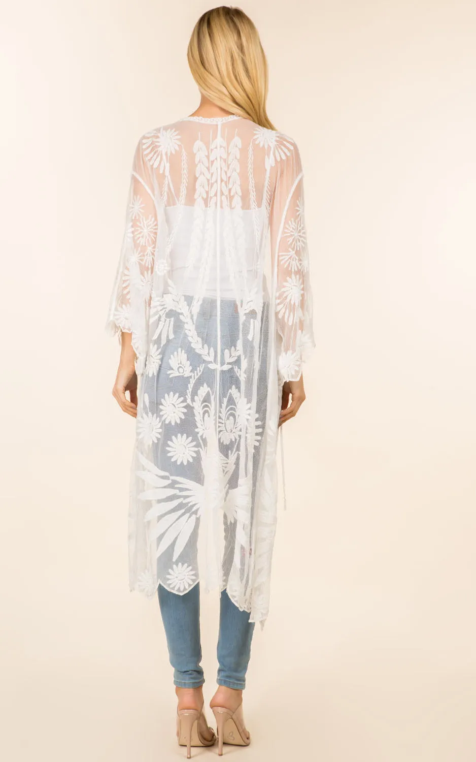 KP4140 Sheer Lace Long Kimono Cardigan