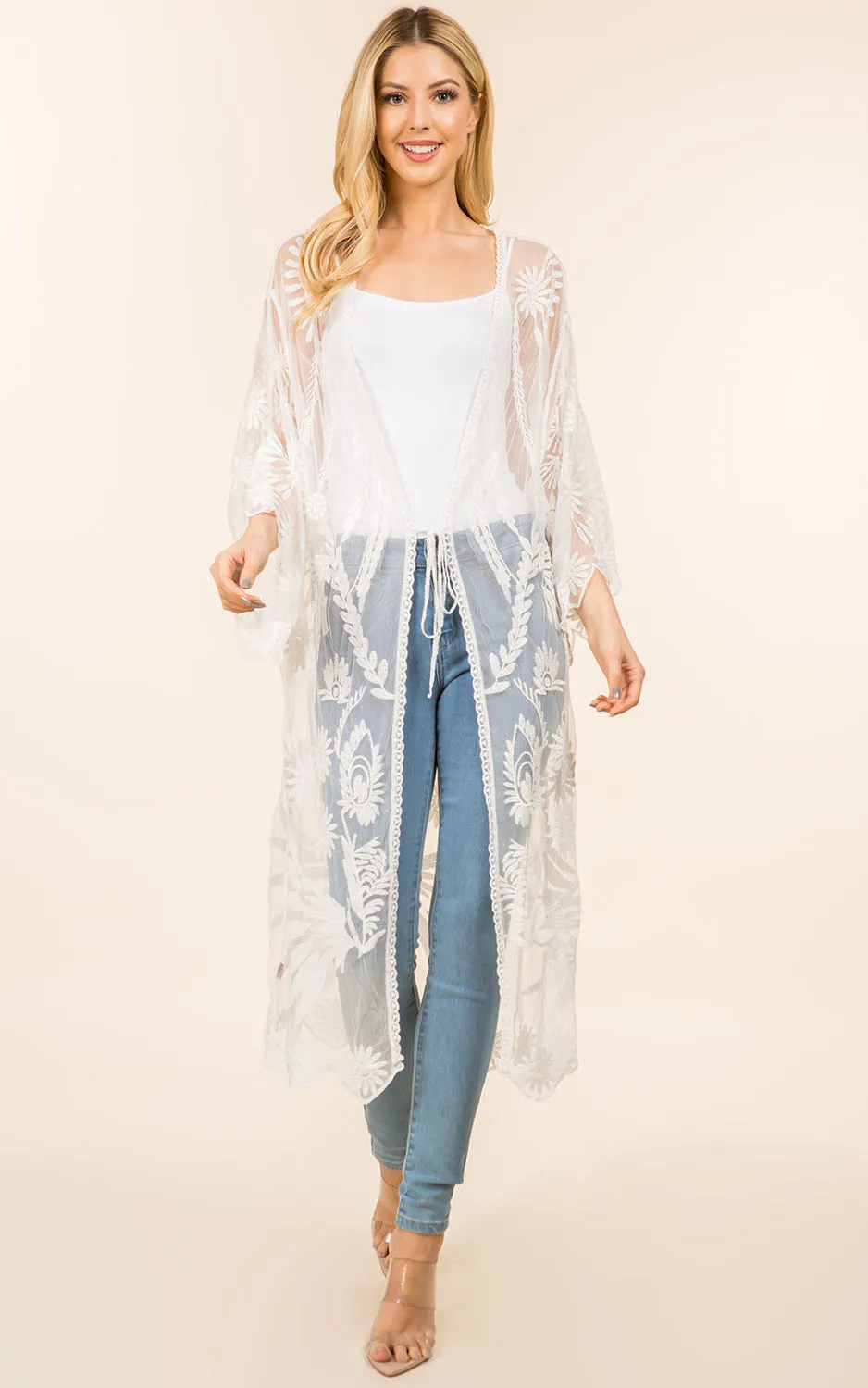 KP4140 Sheer Lace Long Kimono Cardigan