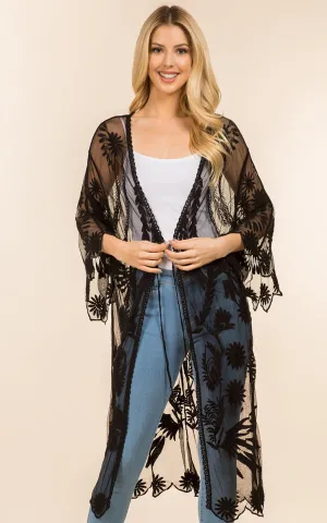 KP4140 Sheer Lace Long Kimono Cardigan