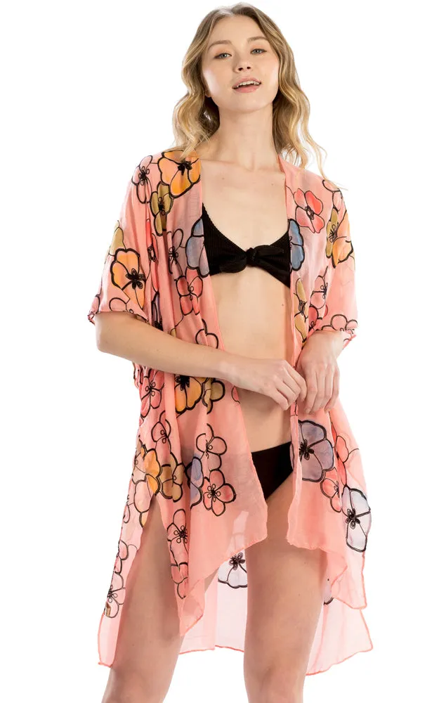LOF825 Embroidery Floral Design Cover Up Kimono