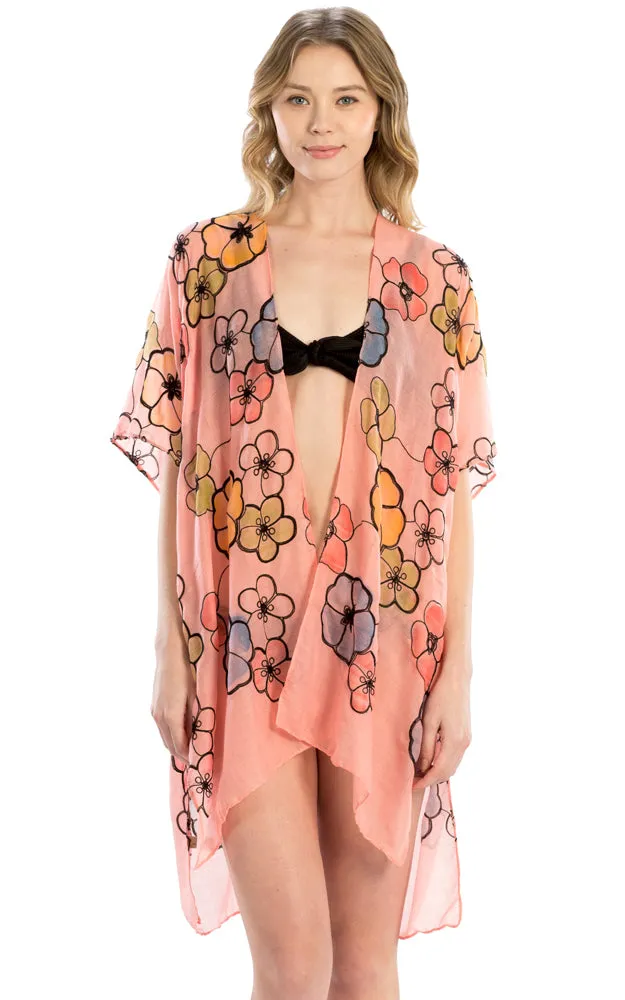 LOF825 Embroidery Floral Design Cover Up Kimono