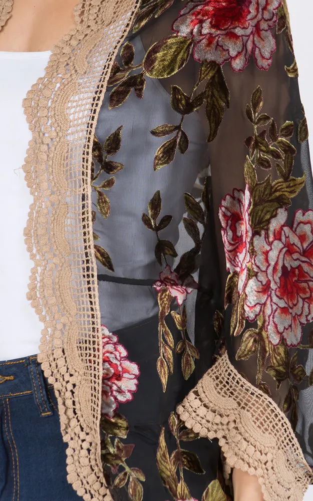 SP8941 Rose Print Kimono w/Lace Border Cover-Up