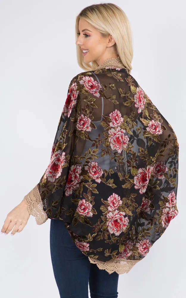 SP8941 Rose Print Kimono w/Lace Border Cover-Up