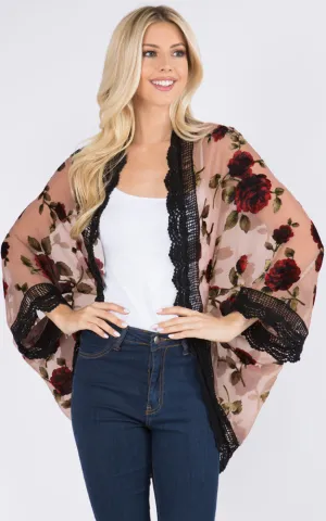 SP8941 Rose Print Kimono w/Lace Border Cover-Up