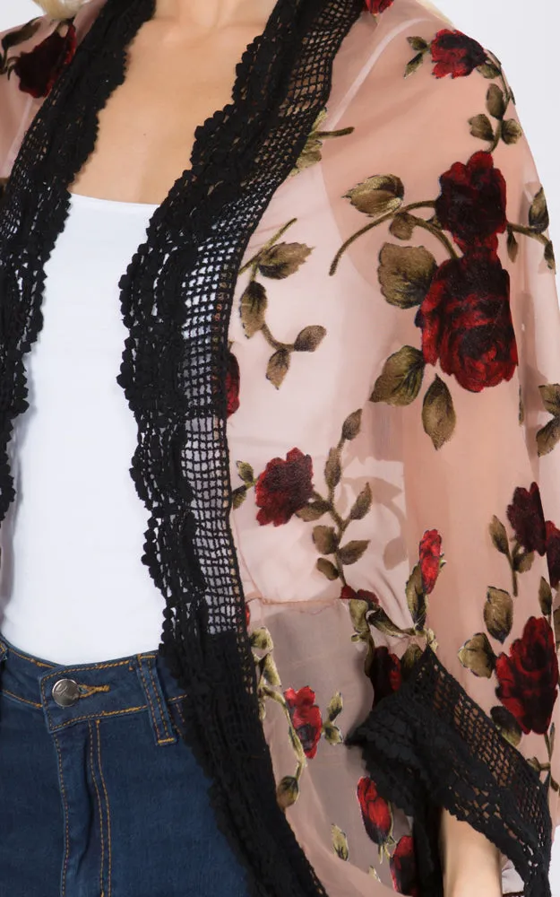 SP8941 Rose Print Kimono w/Lace Border Cover-Up