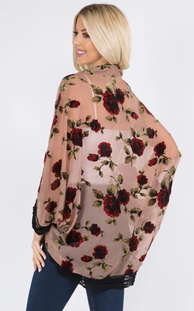 SP8941 Rose Print Kimono w/Lace Border Cover-Up
