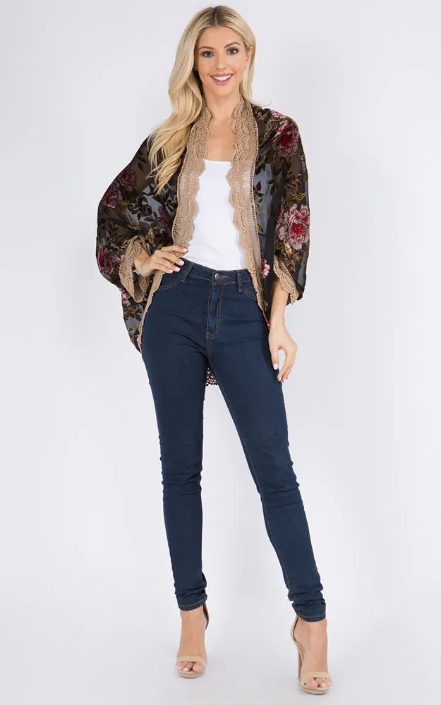 SP8941 Rose Print Kimono w/Lace Border Cover-Up