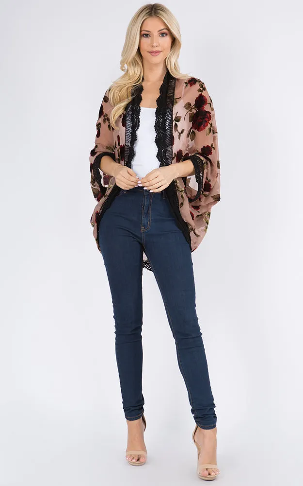 SP8941 Rose Print Kimono w/Lace Border Cover-Up