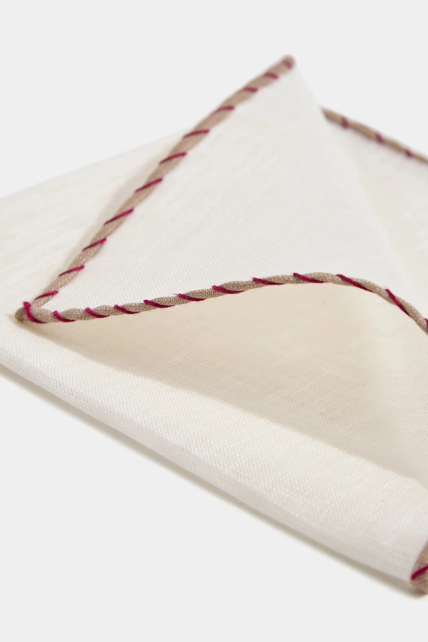 White linen pocket square with beige and red edges  - Made in Italy