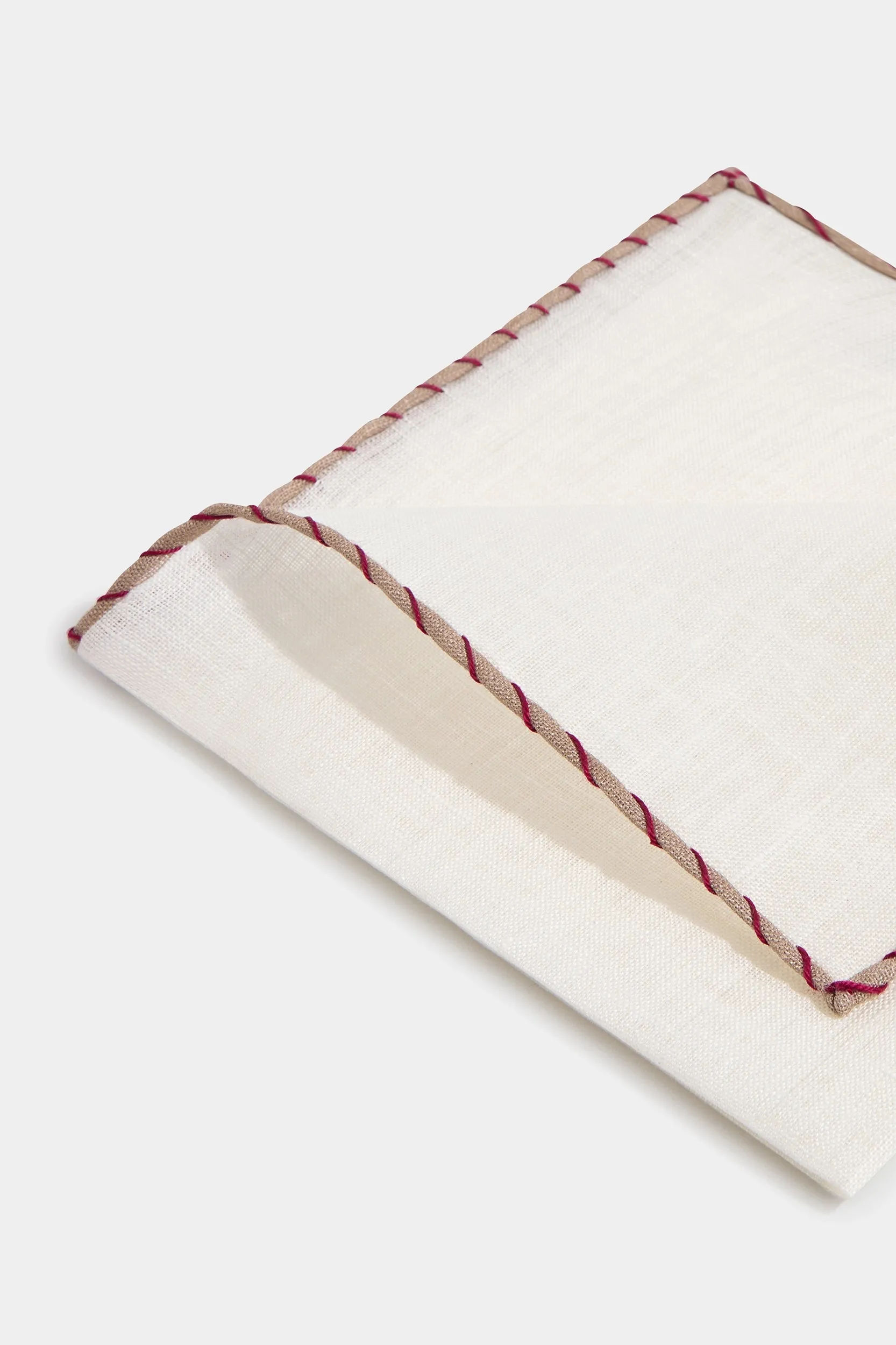 White linen pocket square with beige and red edges  - Made in Italy